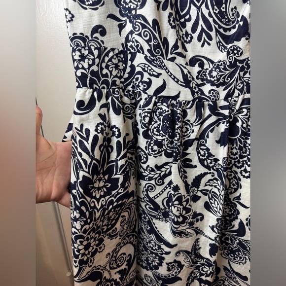 Eliza J Floral Beaded Neckline Dark Navy Blue White Linen Blend Mini Dress M - Picture 9 of 17